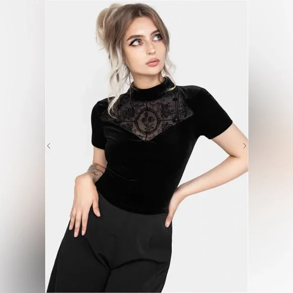 Disturbia Cameo Floral Flocked Mesh Velour High Neck Top 6 - Picture 2 of 6